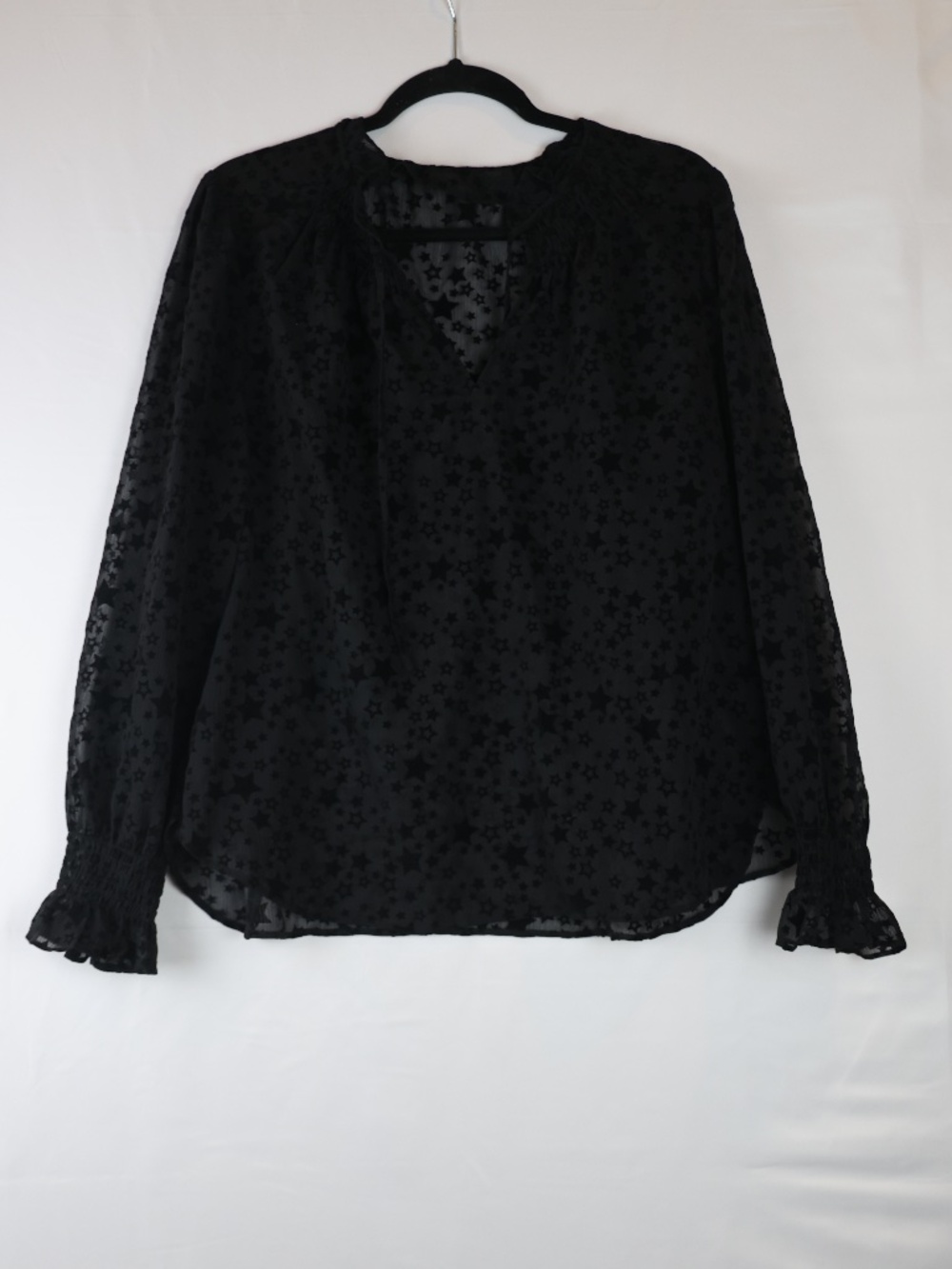 LOFT Black Sheer star Burnout Long-Sleeve Blouse